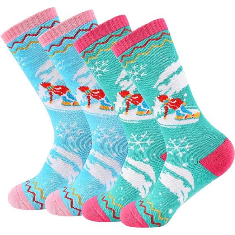 2 Pairs Kids Ski Socks Winter Warm Thermal Socks,  Pink & Blue
